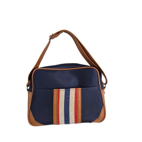 VTG American Luggage Striped Travel Bag Adjustable Strap Blue Brown Vinyl Trim - Picture 5 of 9